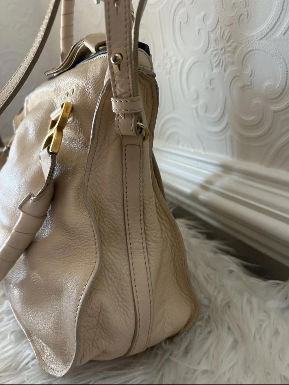 Chloe Beige Braided Satchel with Gold Hardware